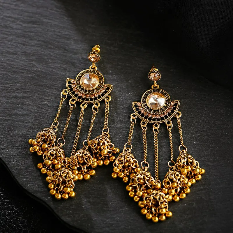 OIQUEI женские индийские Jhumka серьги золотые серебряные Большие колокольчики висячие серьги с длинной кисточкой для женщин богемные цыганские ювелирные изделия