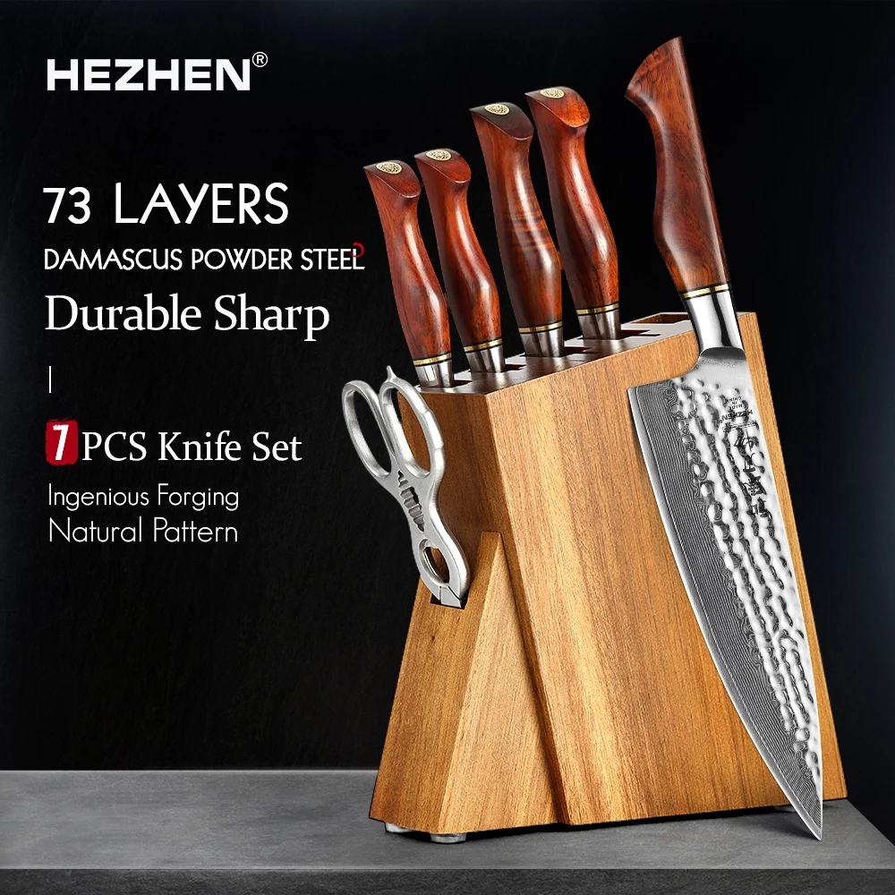 

HEZHEN 1-7PC Kitchen Knife Set Slicing 73-Layer Powder Damascus Steel Chef Santoku Nakiri Utility Knives Holder Cooking Tools