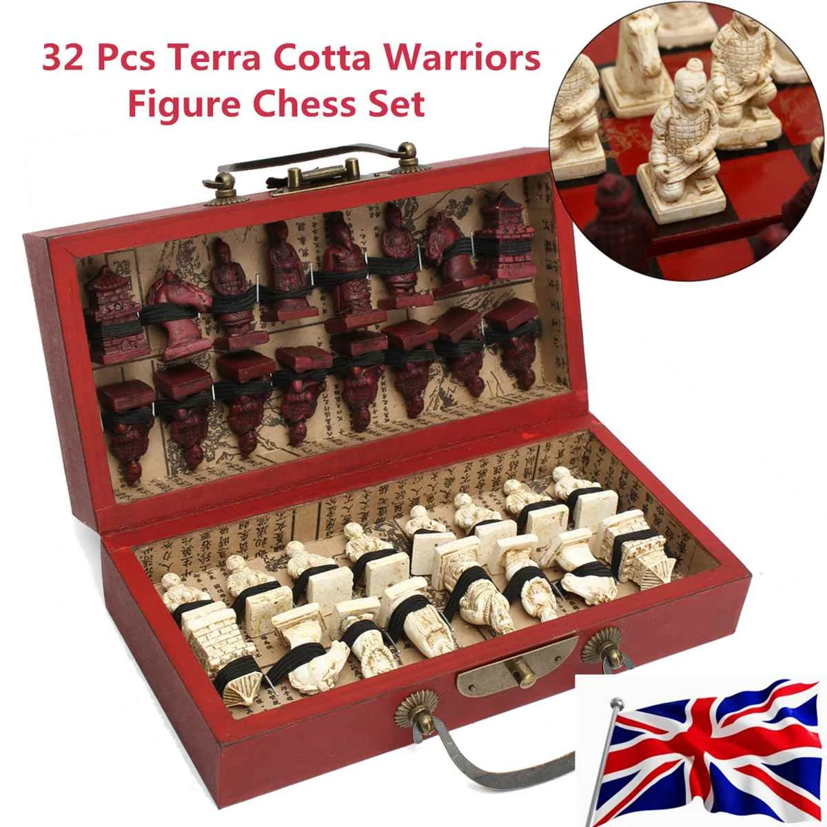 

Newest Chinese Wood Leather Box With 32 Pieces Terra Cotta Figure Chess Set Entertainment Checkers Chess Traditional Games