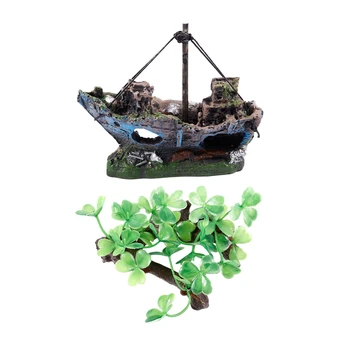 

Aquarium Ornament Wreck Sunk Ship Sailing Boat & New Artificial Plastic Plants Grass Water Ornaments Green