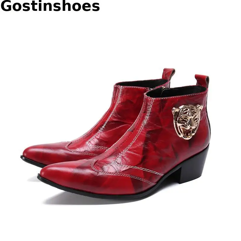 

Fashion Red Boots Men Genuine Leather Printed Leather Wing Tip Style Men Casual Boots Daily Wear Short Ankle Boots Side Zipper