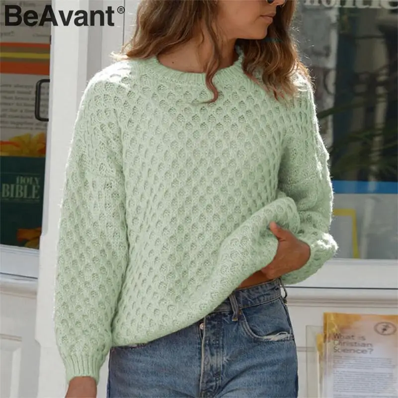 Женский однотонный пуловер BeAvant вязаный свитер с круглым вырезом и длинным