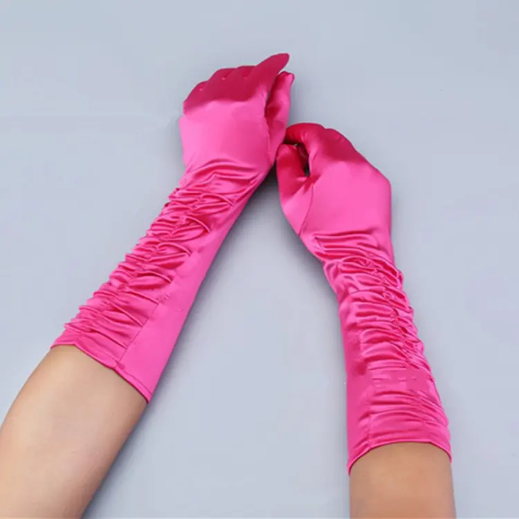 hot pink Красочные гофрированные Длинные свадебные вечерние аксессуары элегантные модные Королевский синий зеленый атласные перчатки на палец до локтя ST012 - Цвет: hot pink
