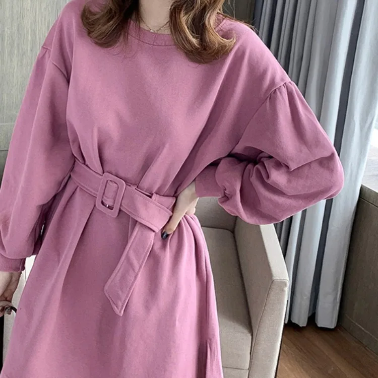 

2019 Autumn And Winter New Style Korean-style Short-height Lantern Sleeve Lace-up Slimming Hoodie Dress