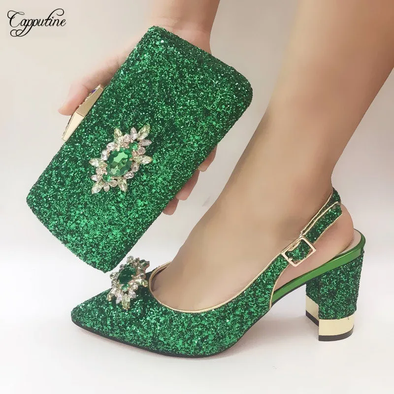 

Hot Sale Party Set Lady Green Shoes And Purse Bag Set Pointed Toe Pumps Shoes With Handbag 073-6 Heel Height 8CM