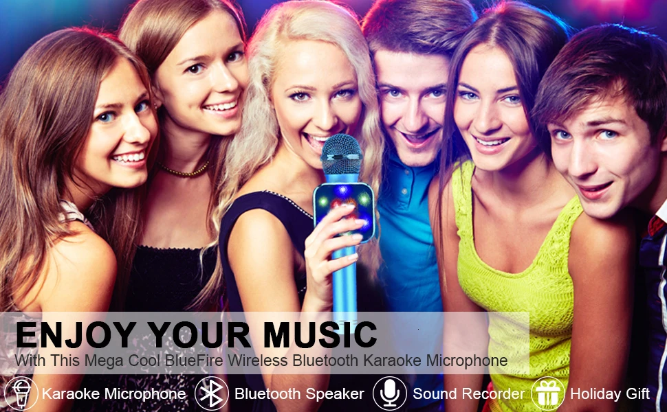 4in 1 LED Lights Handheld Portable Karaoke Microphone Home KTV Player with Record Function Compatible with Android& iOS Devices