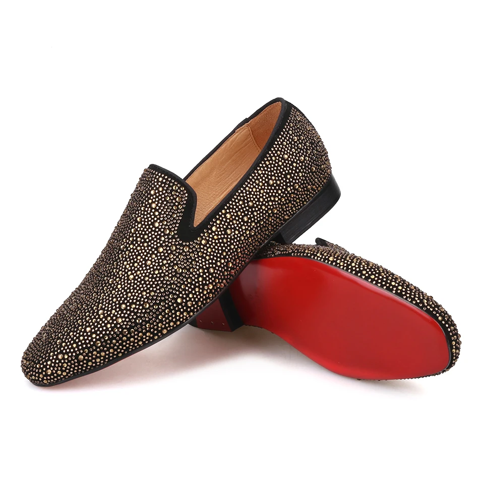 Piergitar Handmade genuine Leather Men Loafers with Gold Rhinestone Fashion Party and Banquet men's casual shoes plus size