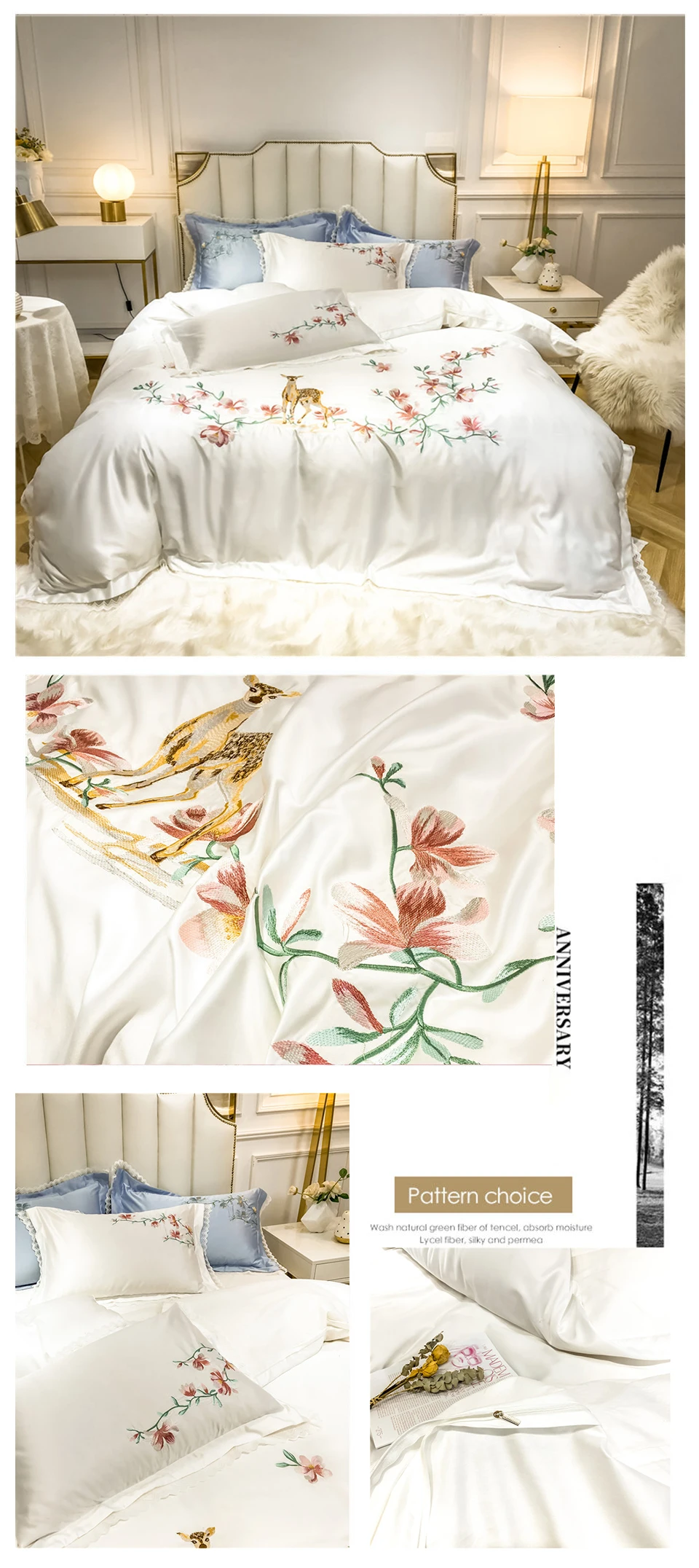 Liv-Esthete роскошный набор белых постельных принадлежностей с вышитыми цветами и оленями, набор пододеяльников из шелковистого хлопка, наволочка, двуспальное постельное белье для кровати кинг-сайз