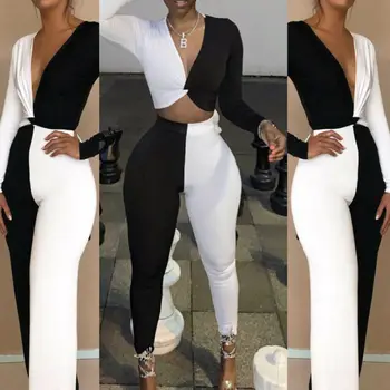 

Brand NEW Women Clubwear Sexy Long Sleeve Deep V Neck Crop Top Pants Clothes Casual Jumpsuit Black White Contrast color