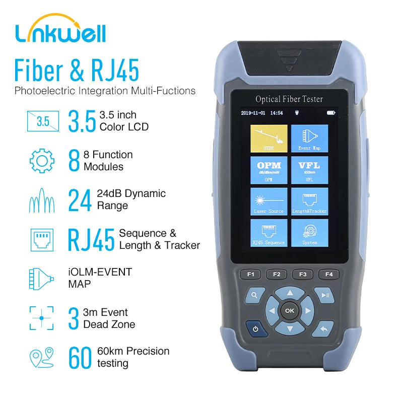 MINI OTDR Fiber Optic Reflectometer with 9 Functions VFL OLS OPM Event Map 24dB for 64km Cable Ethernet Fiber Cable Tester otdr
