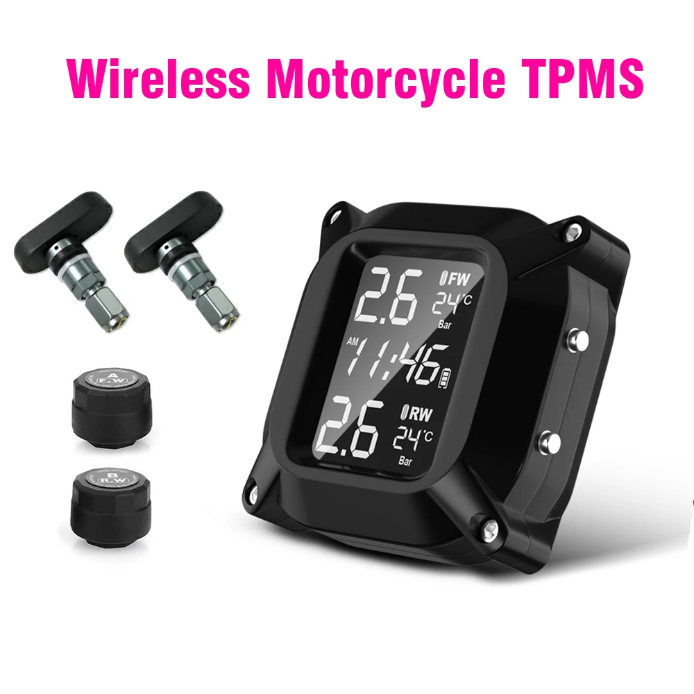 

Wireless Motorcycle TPMS Tire Pressure Monitoring System 2pcs External Sensor LCD Time Display Tyre Temperature Monitor Alarm
