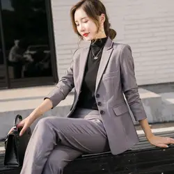 Профессиональная одежда для женщин, новинка 2019 года, осенне-зимний деловой офисный костюм для рабочих, однотонный лацкан, широкие штаны