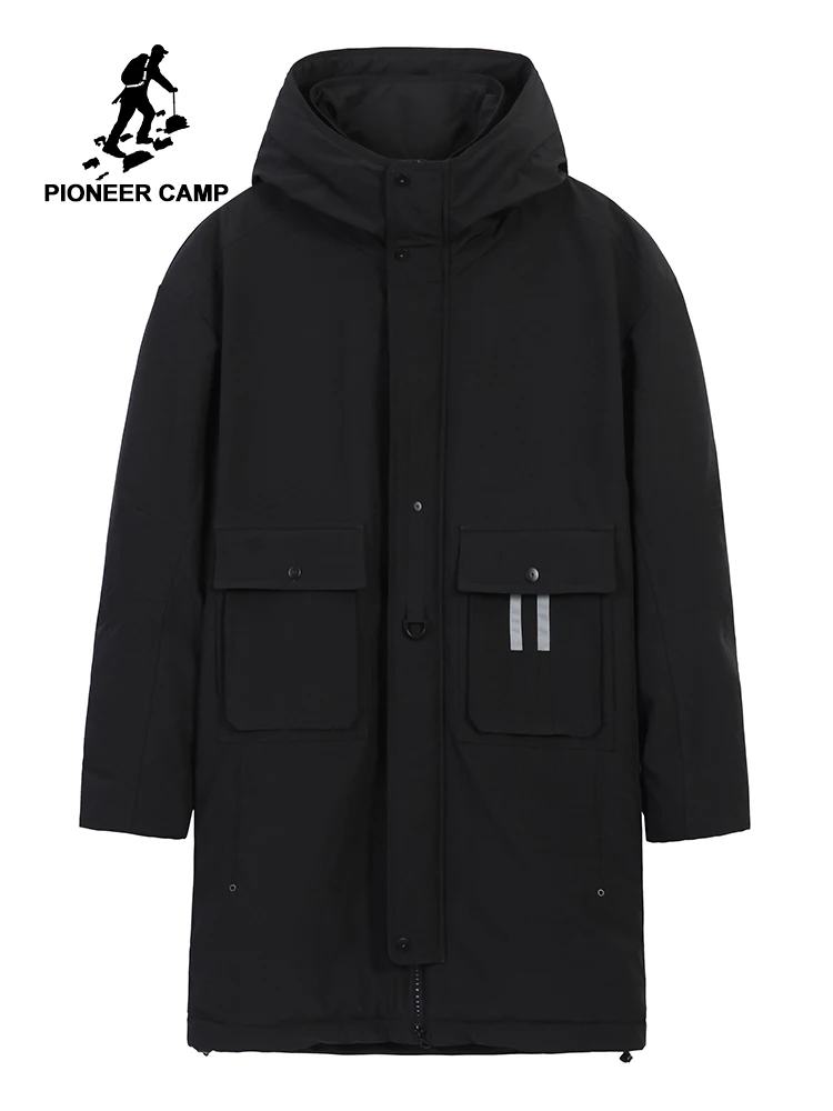 

Pioneer Camp New Jacket Men's Parka Winter Long Hooded Cloth With Two Pockets Black Green Color Coat Male 2019 AMF903501