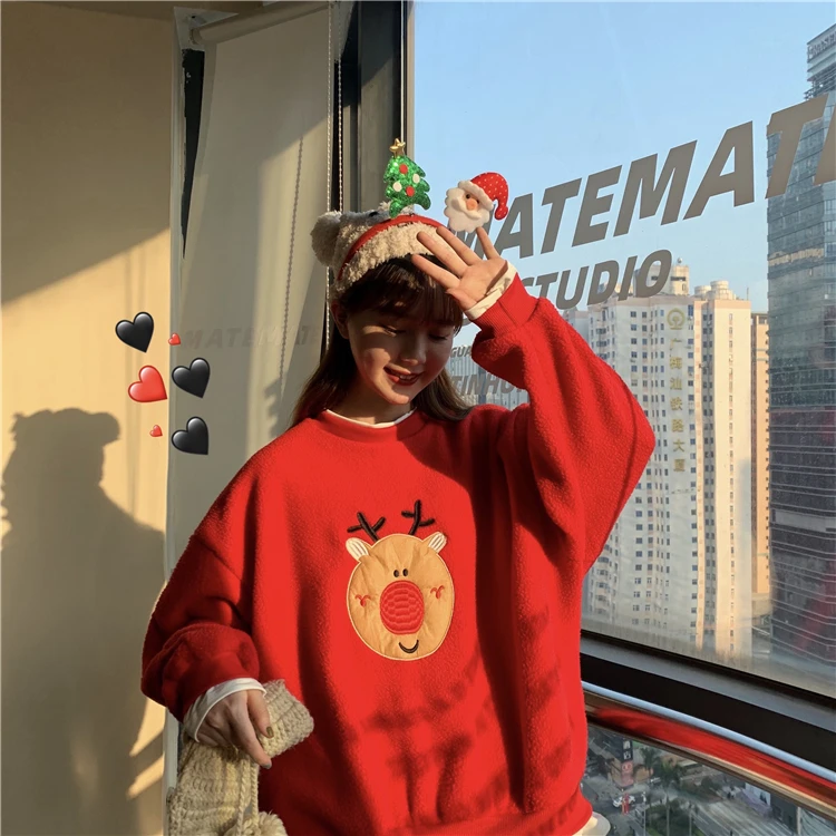 Рождественские худи, свитшоты, Женский пуловер с круглым вырезом и вышивкой Санта Клауса и оленя, осенне-зимняя верхняя одежда с длинными рукавами в стиле пэчворк, W272