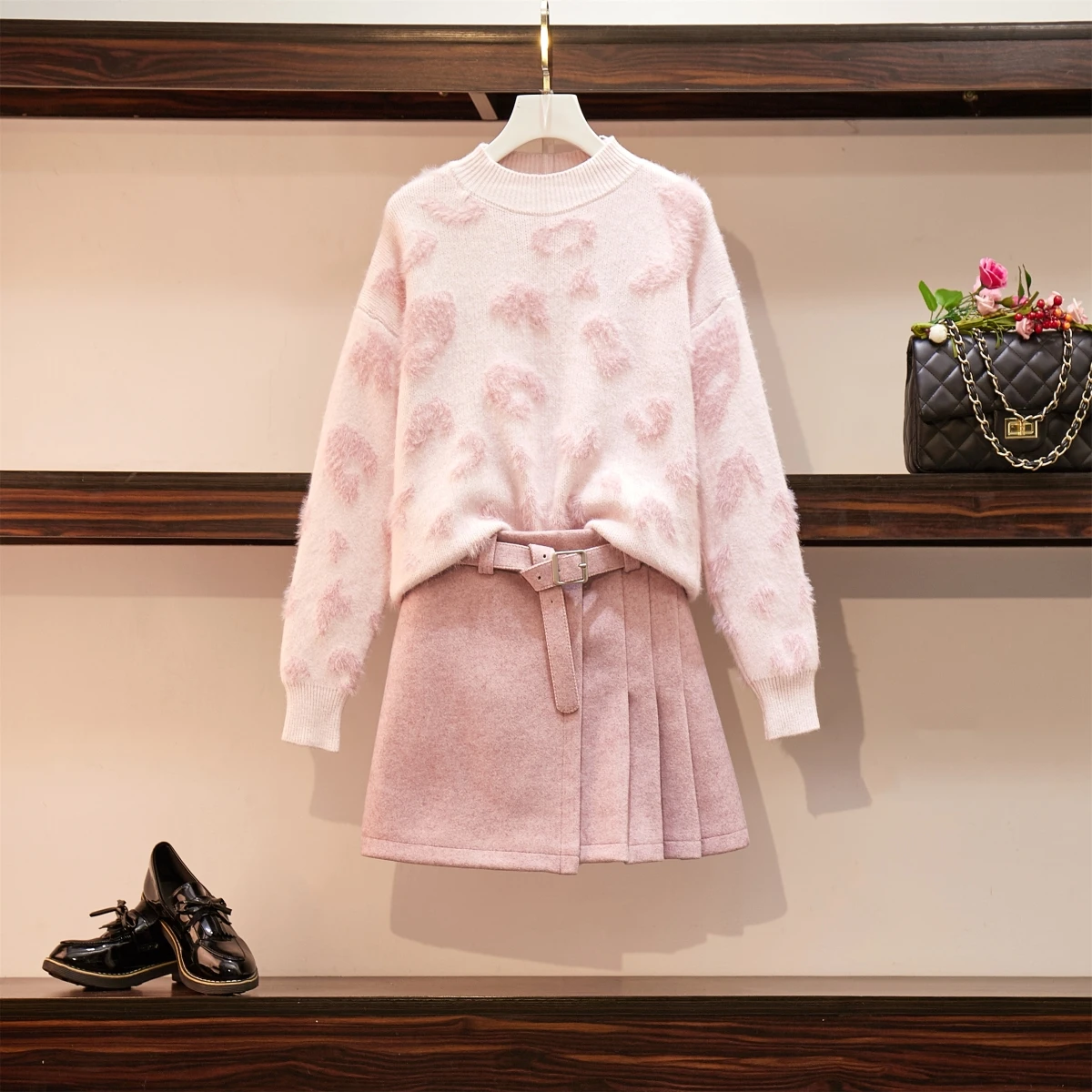 Осень, свитер, Розовый шерстяной комплект с юбкой, Женский Свободный пуловер с длинными рукавами, свитер+ плиссированная юбка, комплект для девочек