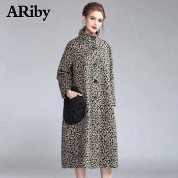 

ARiby Temperament woolen coat 2019 autumn and winter printing stand collar single-breasted A-word version of the long coat