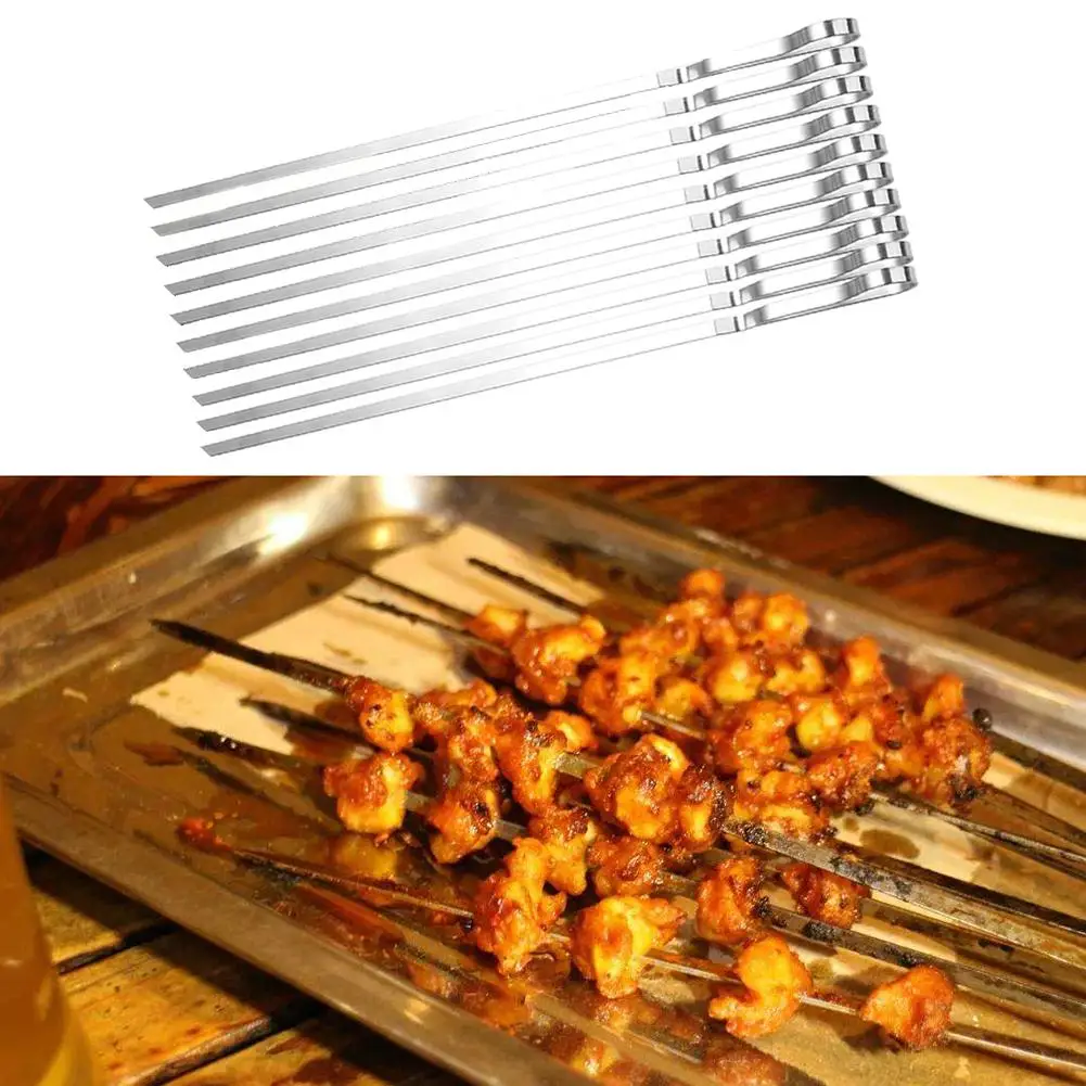 

10Pcs Flat Stainless Steel Barbecue Sticks Picnic Grilled Meat Kebab Skewers