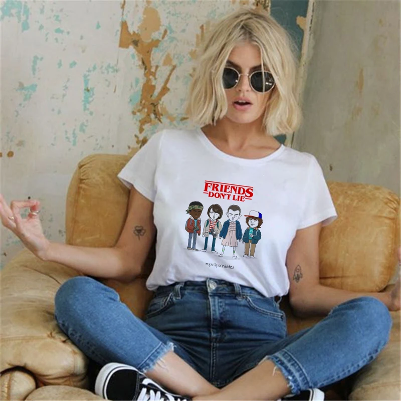 

Showtly Strange Things Women Clothes 2019 Friends Don't Lie Graphic Tees Harajuku Kawaii Streetwear Plus Size Korean Clothing