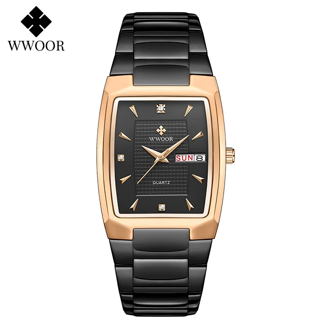 Watches Men WWOOR Brand Casual Simple Men's Quartz Clock Rose Gold Square Waterproof Week Display Wristwatches Relogio Masculino 