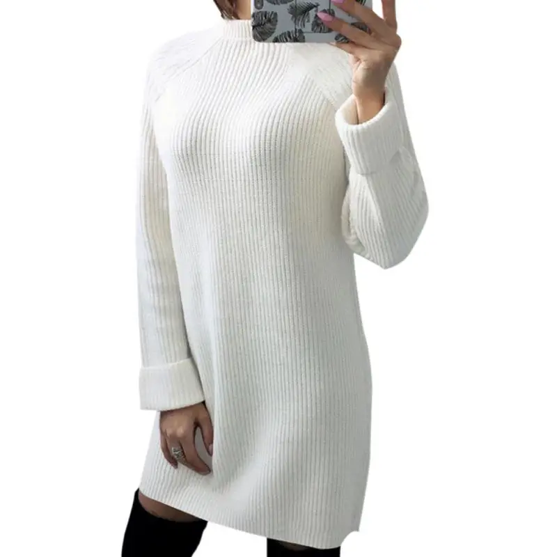 Elegant Women Elastic O Neck Sweater Dress Autumn Long Sleeve Solid Causal Ladies Round Neck Plush  Dresss