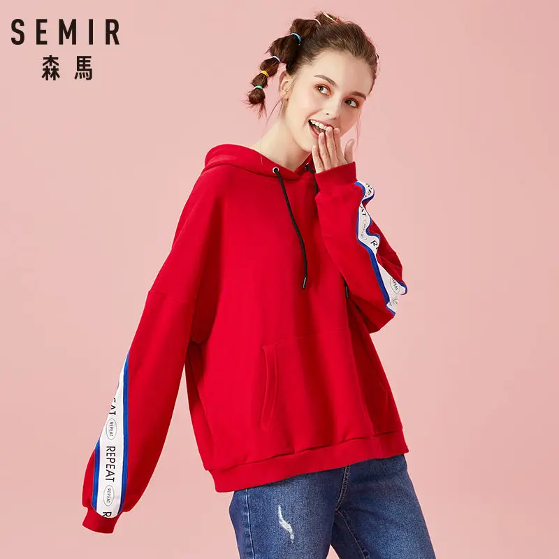 Semir толстовки для женщин молодых весна и осень мода свободные тонкие плеча Блузка корейский Письмо печати с капюшоном bf ветер