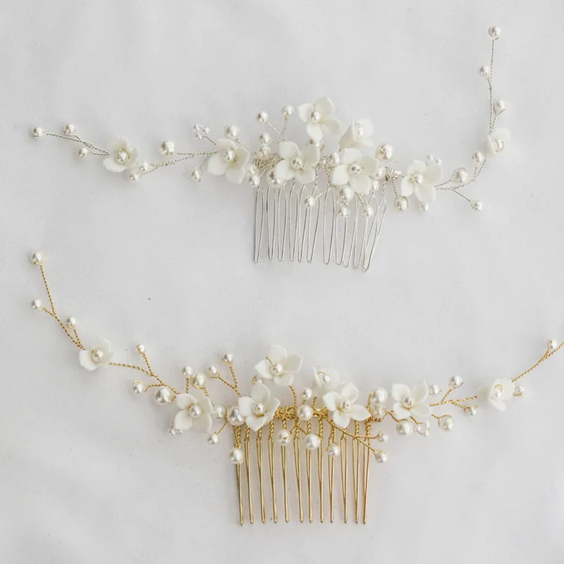 Floralbride Handmade Wired Alloy Pearl Ceram Flower Bridal Hair Comb Wedding Headdress Hair AccessoriesBridesmaids Women Jewelry