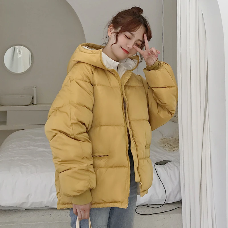 Woherb/зимняя куртка-пуховик для женщин в Корейском стиле Харадзюку, стеганые пальто, большие размеры, стеганые куртки для девочек, повседневная однотонная парка, свободная