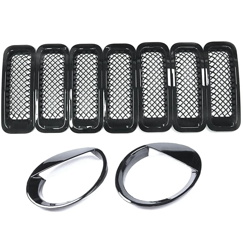 

NEW-9Pcs Front Grille Grill Mesh Grille Insert Kit + Style Headlight Lamp Cover Trim for Jeep Patriot 2011-2016