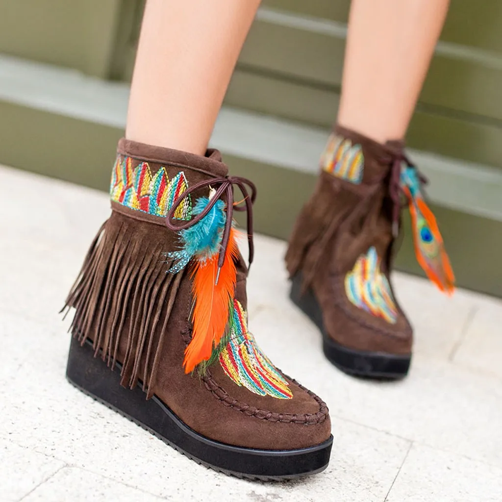 

Ethnic ankle boots for women Suede Snow Boots Long Fringe autumn winter Embroidered Fashion boots women winter 2019 botas mujer