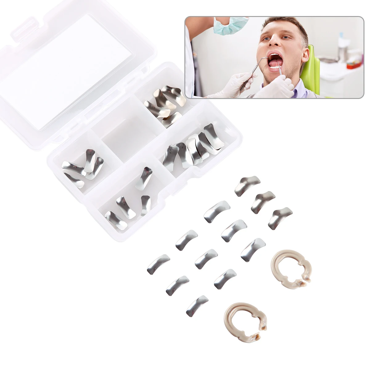 Bandas de Metal contorneadas para dentistas, recambio de matriz, con sujeción de resina y anillo de separación, 30 Uds. Por caja