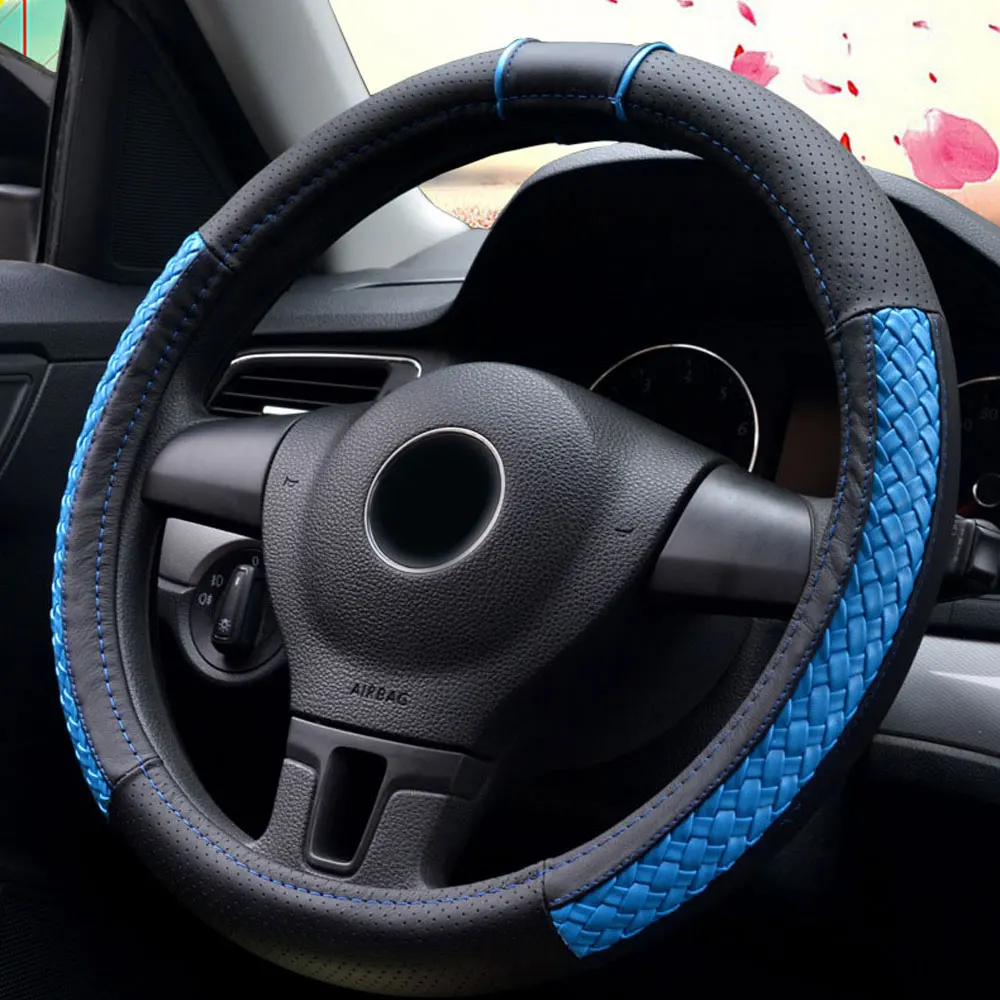 Синий DSYCAR 1 шт. чехол рулевого колеса автомобиля из натуральной кожи дышащие противоскользящие рулевые чехлы подходят 38 см Авто украшения - Название цвета: Синий
