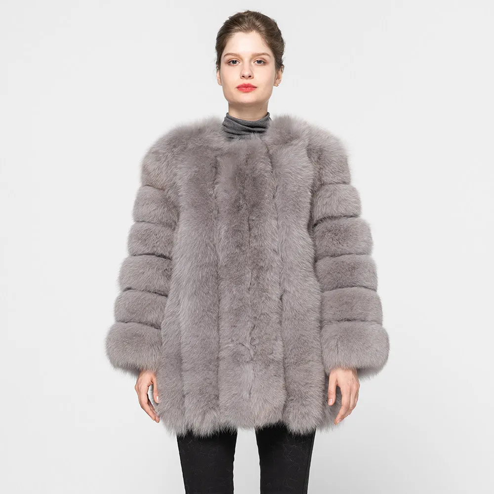 Light Grey Новая женская шуба из натурального Лисьего меха подлинный натуральных мех куртка модный Вертикальный стиль женская меховая верхняя одежда высокого качества S7158B - Цвет: Light Grey