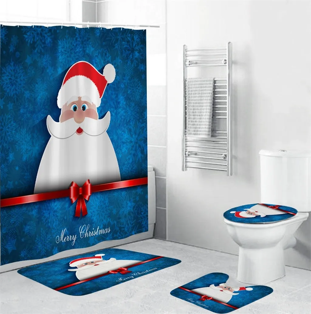 4 шт. Merry Christmas Противоскользящие коврики для ванной комнаты комплект водонепроницаемый Душ занавеска пьедестал коврик крышка туалет ванна коврик Домашний декор