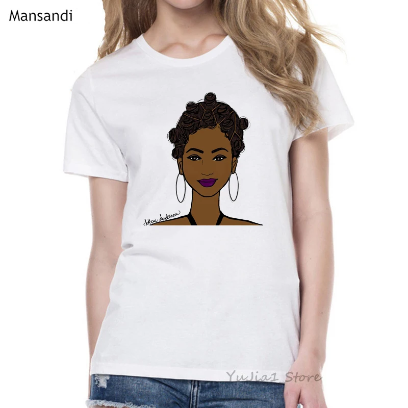 Вьющиеся волосы черного цвета с принтом для девочек Футболка femme меланина