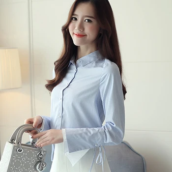 

COIGARSAM New Spring Shirt Womens tops Flare Sleeve Patchwork Striped Turn-down Collar 2020p Women shirts Blue Bar 011