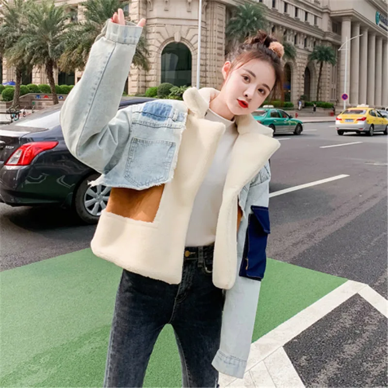price cut  Stylish Color Blocking Denim Fabric Patchwork Lamb Wool Coat Women Thick Warm Winter Jacket Woman F