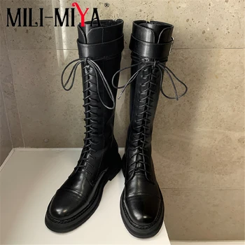 

MILI-MIYA 2021 New Arrival Riding Winter Shoes Women Cow Leather Knee High Boots Warm Plush Zipper Round Toe Plus Size 34-40