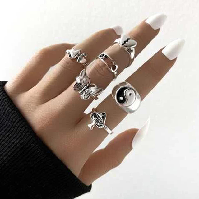 Gothic Black Heart Ring Set for Women Dice Vintage Spades Ace Silver Plated Retro Rhinestone Charm Billiards Finger Jewelry