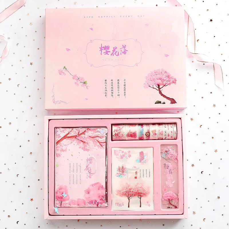 Sakura серия Подарочная коробка набор канцелярских принадлежностей Kawaii розовый дневник блокнот и васи лента изысканный подарок