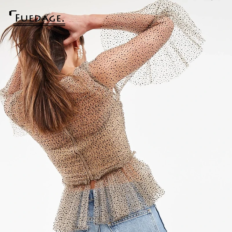 Fuedage/сетчатый кружевной Блестящий блестящий топ с оборками и рукавами бабочками