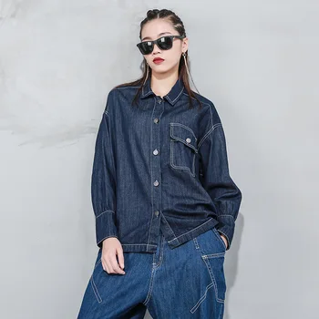 

2020 Spring Cardigan Washed Denim Shirt Cool Plus Size Shirt With Blue And Black Color Long Sleeves Cowboy Blouse Female