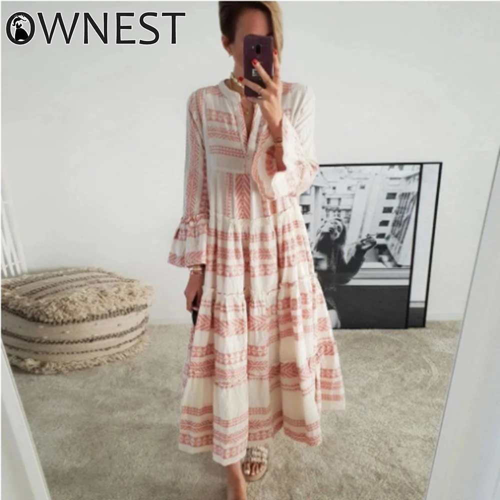 

Ownest Woman Dress Maxi Bohemian Geometric Dress Summer Print V Neck Boho Long Sleeve Autumn Maxi Dress for Women Party 2020 New