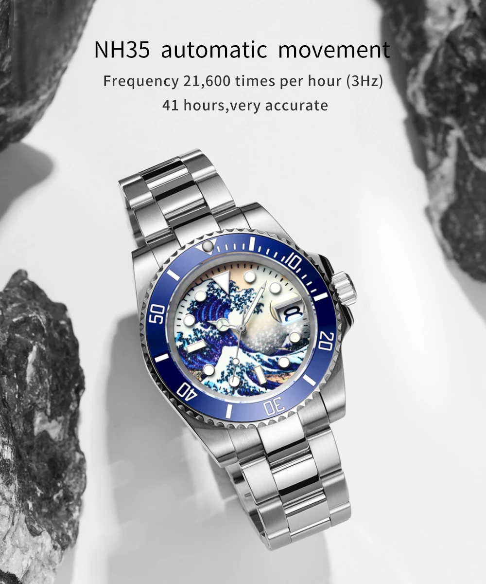 Tandorio Kanagawa Dial 40mm Mechanical Automatic Men's Watch NH35 Movement Luminous Dial Bezel Mid-polished Bracelet Screw Crown