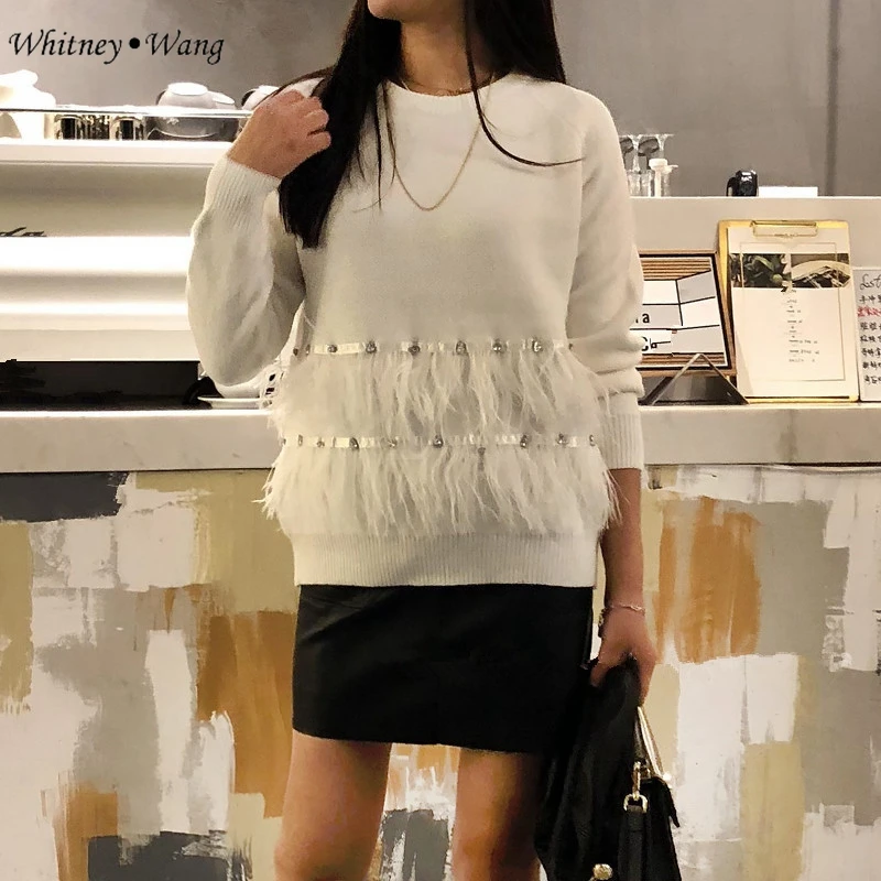 

WHITNEY WANG 2019 Autumn Winter Fashion Streetwear Diamonds Ostrich Feathers Sweater Women Jumper Pullover sueter mujer invierno