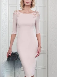 Half Sleeves Mother Of The Bride Dresses Sheath Knee Length Appliques Beaded Plus Size Short Groom Mother Dresses For Wedding