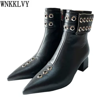 

Pointed toe chunky high heel short boots 2020 women shiny leather metal rivet desgin ankle boots autumn winter runway shoes