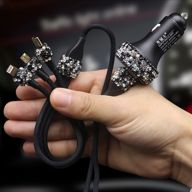 Кристалл двойной USB Автомобильное зарядное устройство для мобильного телефона планшета gps быстрое зарядное устройство Стразы Алмазный телефон 3 линии передачи данных провод в автомобиле - Название цвета: black 2pc