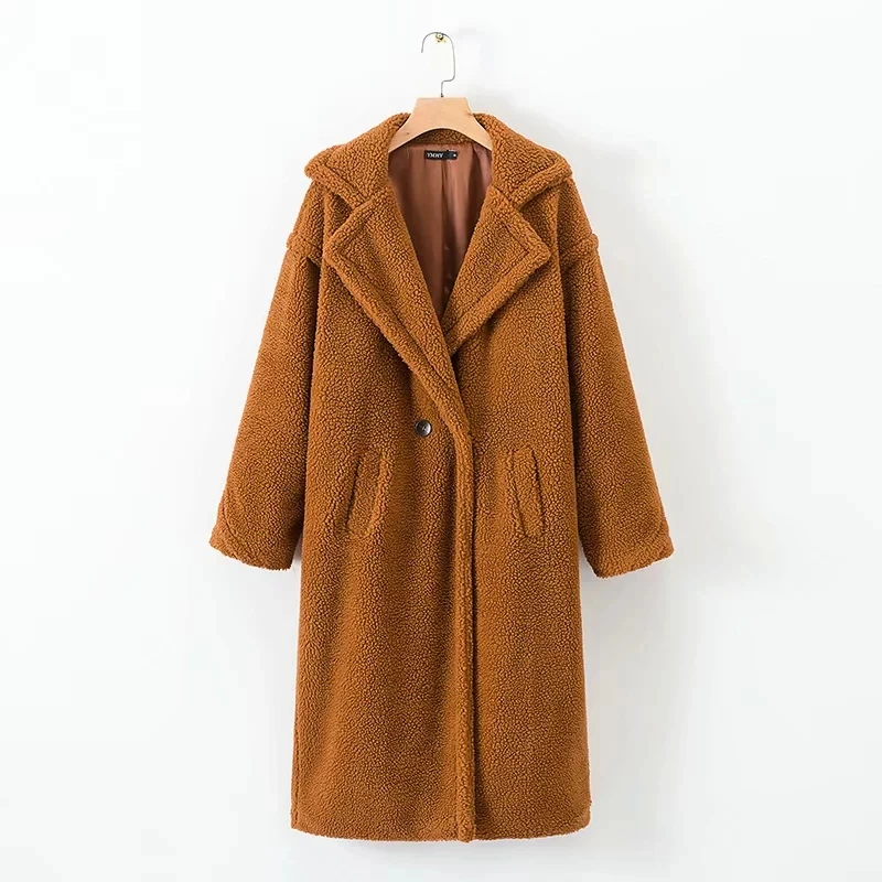 Зимнее женское пальто из искусственного меха, плотное теплое длинное пальто с карманами, двубортное пальто с длинным рукавом из искусственного меха, повседневное зимнее пальто для женщин - Цвет: Хаки