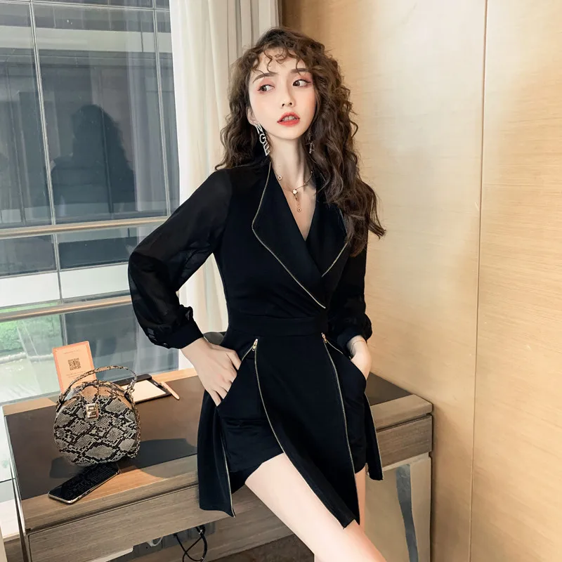 

S-XXL Plus Size Black Modis Cool Streetwear with Zipper and Casual Shorts Women Set Women Autumn Winter Two Piece Set Mini Dress