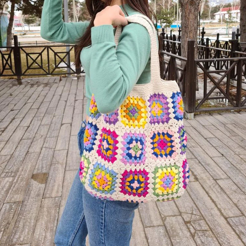 Granny Square Bolso de ganchillo hecho mano, bolsa con patrón de coloridas, de hombro Vintage y bolso de mano, regalo para niñas|Tejido DIY| - AliExpress